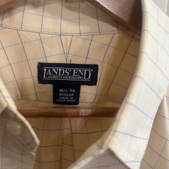 EUC Lands' End Men's Buttery yellow  and Blue windowpane plaid button up shirt. - Picture 2 of 11
